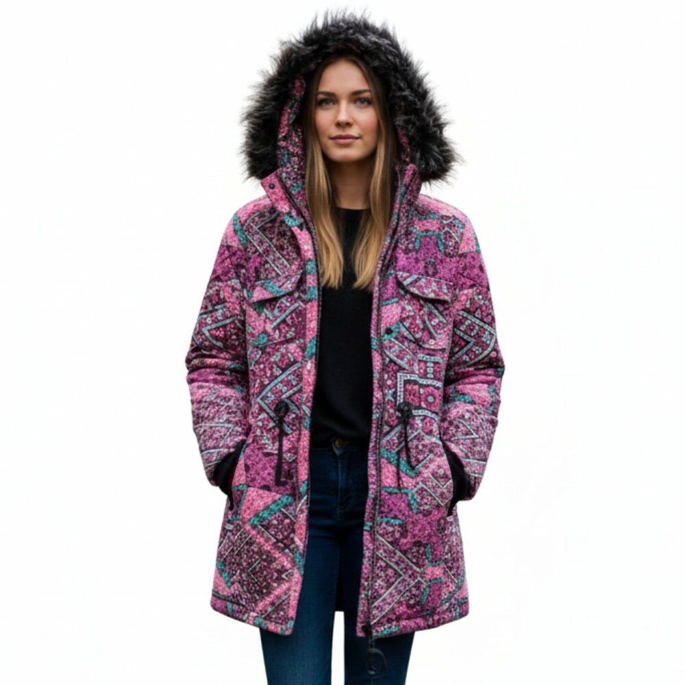 MINKPINK Colorful Quilted Jacket Size S Mid Length Coat Faux Fur Hooded Casual